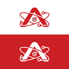 Modern atomic letter A logo design with orbiting elements on red and white, perfect for innovative brands and technology companies needing a bold icon