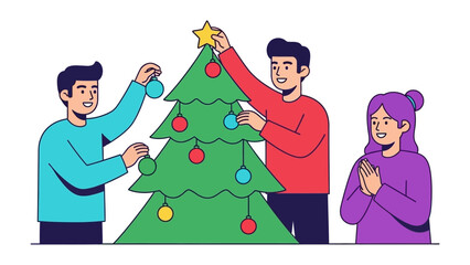 Festive Decorators: A harmonious group, filled with shared delight, meticulously adorns the evergreen tree with sparkling ornaments, embodying the joy of togetherness.