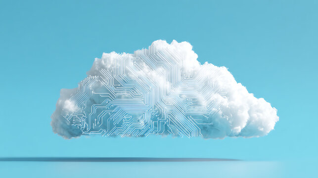 White cloud with intricate circuitry pattern against bright blue background technology digital