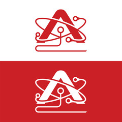 Modern technology logo design featuring letter A with circuit elements in red and white, great for innovative tech companies or startups