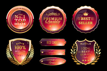 Golden luxury labels and banners, gold badge vector .premium quality certificate seal ribbons, shield icon, VIP, best choice logo tags for best price product .Best seller stamp, label, sticker 