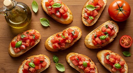 Overhead shot of delicious bruschetta appetizers with fresh tomatoes and basil on a wooden surface.