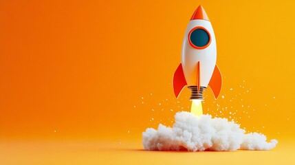 Bold rocket launch on vibrant orange backdrop symbolizing business startup success, innovation, and futuristic dreams, ready for your marketing campaign