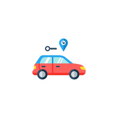 Obraz premium Flat design icon of a red car with a blue roof, a key, and a blue location pin with an eye symbol.