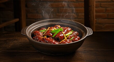 A steaming bowl of braised pork trotters with ginger and scallions, presented on a rustic wooden table.