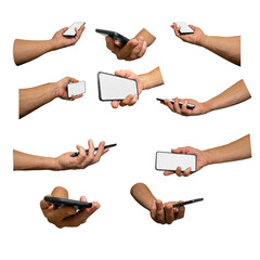 Set of human's hand palms holding mobile phone with frameless blank screen in different positions and view angles isolated on white