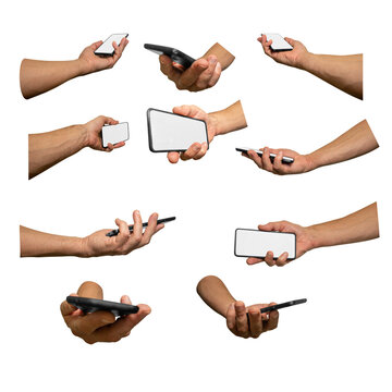 Set of human's hand palms holding mobile phone with frameless blank screen in different positions and view angles isolated on white
