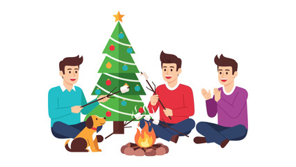 Christmas Gathering: A festive scene unfolds as friends gather around a crackling campfire, roasting marshmallows beneath the twinkling lights of a decorated Christmas tree, evoking warmth.