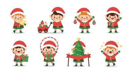 Cheerful Elf Characters Preparing for Christmas: Eight adorable elf characters, dressed in festive red and green attire, are joyfully engaged in preparing for the most magical time of the year.