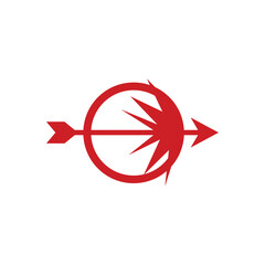Dynamic arrow symbol piercing a target with radiating energy, perfect for logo design, branding, and impactful visual communication in vibrant red