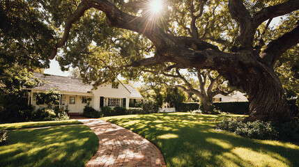 White ranch house with large oak tree and brick pathway white house ranch style