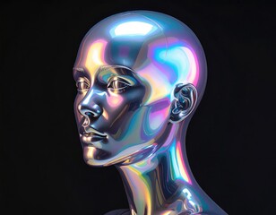 Chrome female bust, iridescent sheen, stark black background
