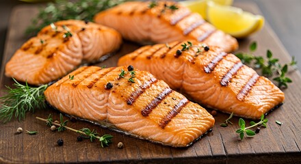 Four perfectly grilled salmon fillets with lemon and fresh herbs on a rustic wooden board, ready to be served.