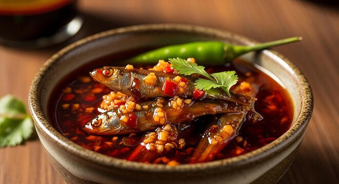 Spicy Sardines in Bowl with Chili and Herbs.