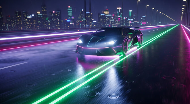 Futuristic car speeds through neon city at night - Powered by Adobe