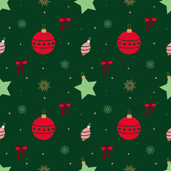 Seamless pattern with Christmas tree decorations on a green background