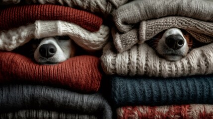 Two adorable dog noses peeking out from a cozy pile of colorful knitted sweaters, creating a heartwarming scene filled with warmth, comfort, and the joys of companionship