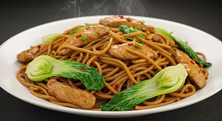 Chicken lo mein with bok choy on a white plate.