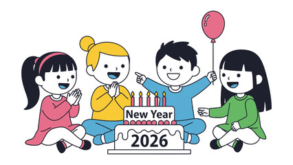 Celebrating New Beginnings: A group of children gather around a vibrant cake, symbolizing the start of a New Year, with an atmosphere of joyful celebration and shared anticipation.