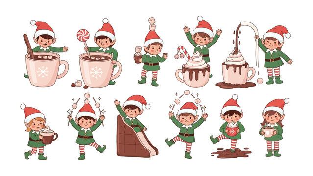 Whimsical Elves: A playful collection of cartoon elves, immersed in the cheerful atmosphere of christmas, frolicking amidst delightful treats and beverages. 