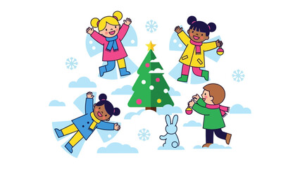 Fototapeta premium Winter Wonderland: Joyful children create snow angels and decorate a festive evergreen tree, embracing the enchantment of a winter holiday. 