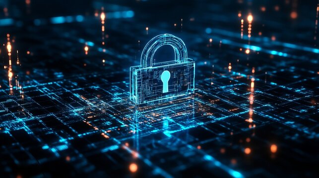 Cybersecurity protection with digital padlock shining on circuit board for data privacy and modern technology solutions, a secure online future ahead