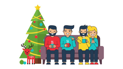 Holiday Cheer Gathering: A cozy scene unfolds as four friends come together, sharing mugs of warmth by a beautifully decorated Christmas tree, radiating feelings of cheer.