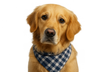 Golden retriever dog wearing blue plaid bandana looking at camera, adorable pet with transparent background