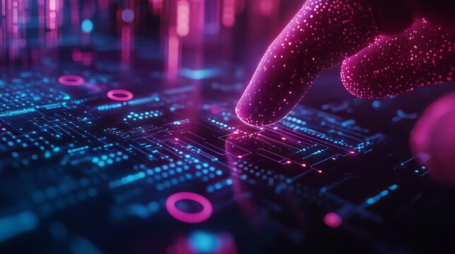 Futuristic technology interface controlled by a glowing finger in vibrant blue and pink hues, embodying innovation and modern digital solutions - Powered by Adobe
