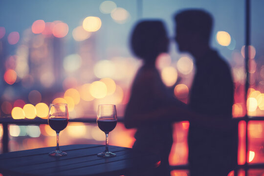 Romantic couple embracing on city terrace with two glasses of red wine on table, blurred urban night lights in background, intimate and dreamy atmosphere