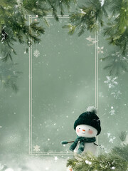 Snowman in frosted frame, winter holiday Christmas greeting background