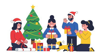 Festive Gathering: An animated illustration of family members cheerfully engaged in exchanging gifts around the festively adorned Christmas tree, celebrating the holiday spirit.