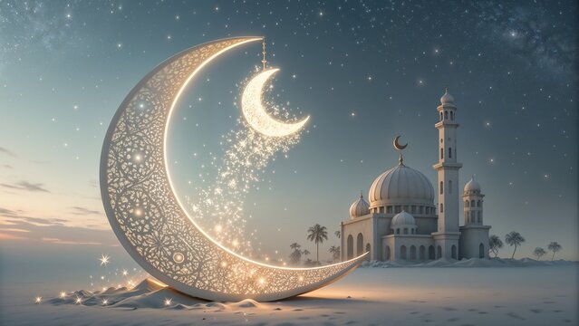 Glowing Crescent Moon Sculpture with Mosque and Starry Night Sky for Ramadan and Eid Themes - Powered by Adobe