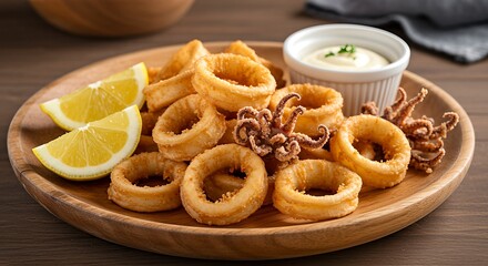 Crispy fried calamari rings served with lemon wedges and dipping sauce on a wooden plate.