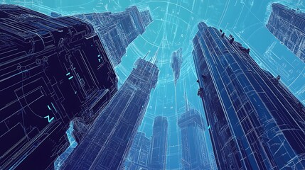 Abstract blue skyscrapers rise toward a futuristic sky, blending structure and imagination concept