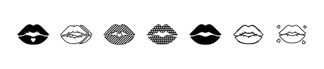 Minimal lip icons: solid, outlined, striped, expressive, and heart-accented styles. Ideal for fashion, pop art, and emotive visuals.