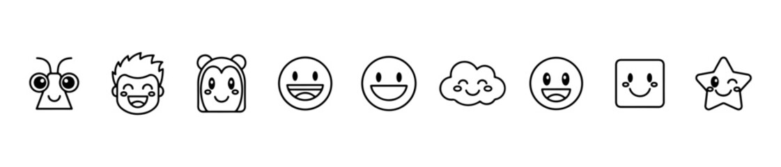 Fototapeta premium Minimal cartoon face icons: triangle, bear, cloud, star, square, and expressive smiles. Ideal for playful, emotive, and character visuals.