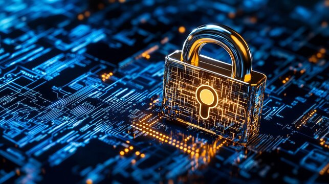 Secure digital future with this modern padlock on circuit board, representing data protection and cyber security solutions for innovative tech companies