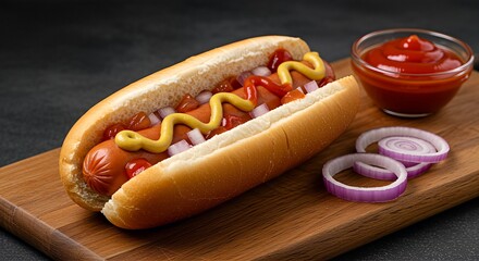 A classic American hot dog with ketchup, mustard, and chopped onions on a wooden board.