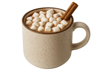 Hot chocolate drink in a stoneware mug, topped with mini marshmallows and a cinnamon stick for cozy winter comfort