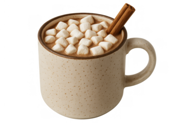 Hot chocolate drink in a stoneware mug, topped with mini marshmallows and a cinnamon stick for cozy winter comfort