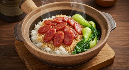 A close-up shot of a clay pot filled with rice, Chinese sausage, and bok choy.