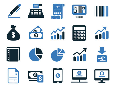 A collection of finance and accounting icons in blue and black, symbolizing budgeting and financial analysis.