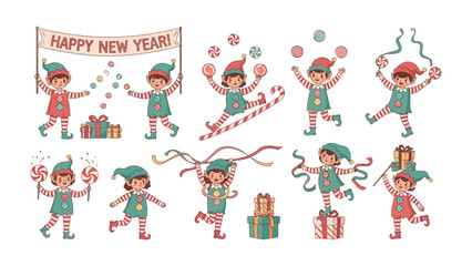Festive Elves: A playful collection of cartoon elves engaged in festive activities, with a banner that read Happy New Year! set the mood for celebrations.