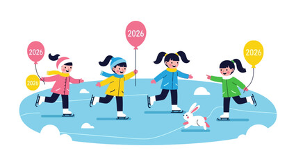 Ice Skating Fun: Playful children glide across a frozen surface, the scene's vibrant hues and playful elements capturing a joyful winter day.