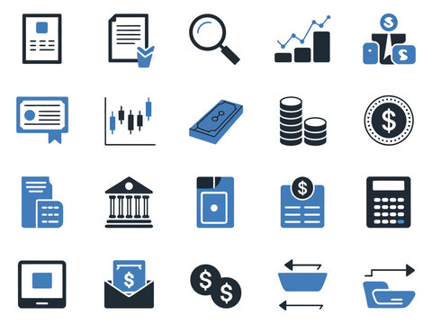 Collection of financial and banking icons in black and blue tones on a light background.
