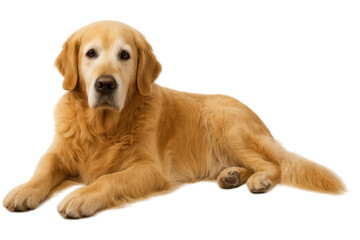 Golden retriever dog lying down, looking towards camera, purebred pet canine on transparent background