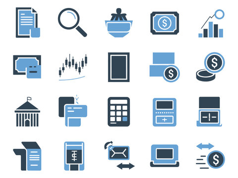 A diverse collection of financial and business icons, showcasing tools for analysis and investment.