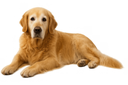 Golden retriever dog lying down, looking towards camera, purebred pet canine on transparent background