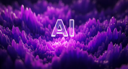 A I text on abstract purple digital landscape artificial intelligence